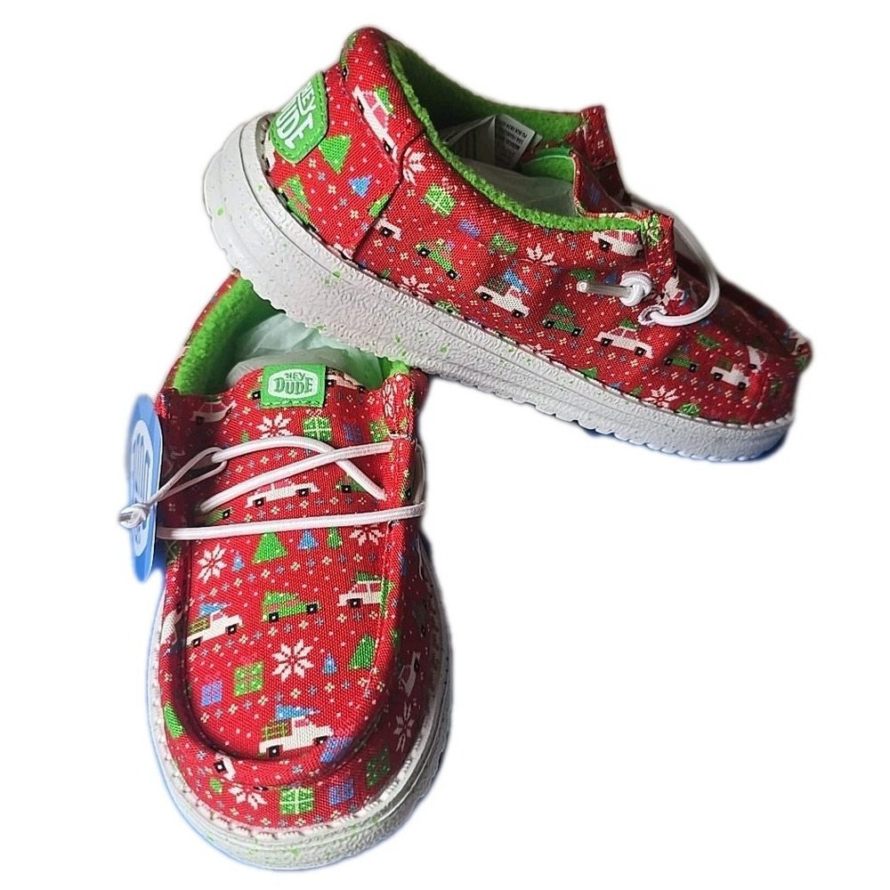 Hey Dude NIB Wally Y Holiday Sweater Red/Green Shoes Youth Size C12 NEW